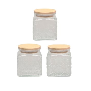 MA MAISON AQUARE SET 3 BARATTOLI QUADRATI IN VETRO CON TAPPO IN LEGNO 10X10 H CM FANTASIE ASSORTITE 