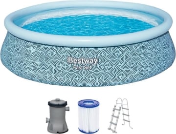BESTWAY PISCINA FAST SET FORMA ROTONDA 4,57 M X 1,07 CM GRAFICA A LINEE CURVE  CAP. 12.362 L + 1 POMPA + 1 CARTUCCIA + 1 SCALETTA