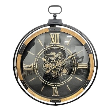 OROLOGIO MODERNO CON NUMERI ROMANI LEGNO/METALLO ROTONDO 74.5X89X8CM INGRANAGGI IN MOVIMENTO DA ARREDO