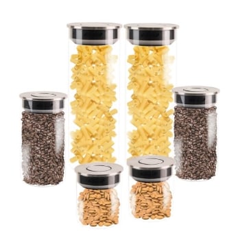 MA MAISON FOODIE SET 6 BARATTOLI DA CUCINA IN VETRO CON COPERCHIO CROMATO INOX A CHIUSURA ERMETICA 10X12H CM - 10X19H CM - 10X31H CM 