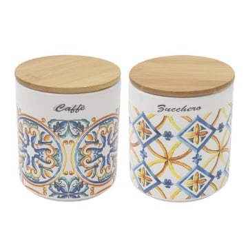 SET DI BARATTOLI ZUCCHERO E CAFFÈ CON DECORI E TAPPO IN LEGNO