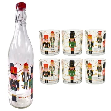 MA MAISON SET BOTTIGLIA 1 LT IN VETRO + 6 BICCHIERI CON SOLDATINI NATALIZI  