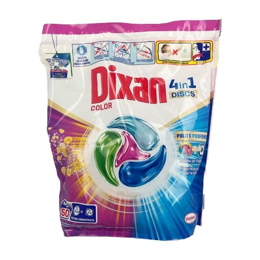 DIXAN COLOR 4 IN 1 DISCS PULITO PROFONDO PULIZIA PER IL BUCATO FRESCHEZZA IGENICA PER LA LAVATRICE POTERE CONCENTRATO 50 DISAGGI 825 G OKX