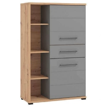 CREDENZA IN LEGNO TRUCIOLARE BILAMINATO COLORE ROVERE CHIARO E GRIGIO CM 89,5 X 40 X 141,5 H OKX