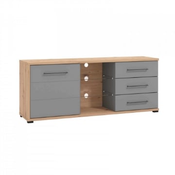 MOBILE PORTA TV IN LEGNO TRUCIOLARE BILAMINATO CON MENSOLE IN VETRO COLORE ROVERE CHIARO E GRIGIO CM 161,5 X 40 X 65 H OKX