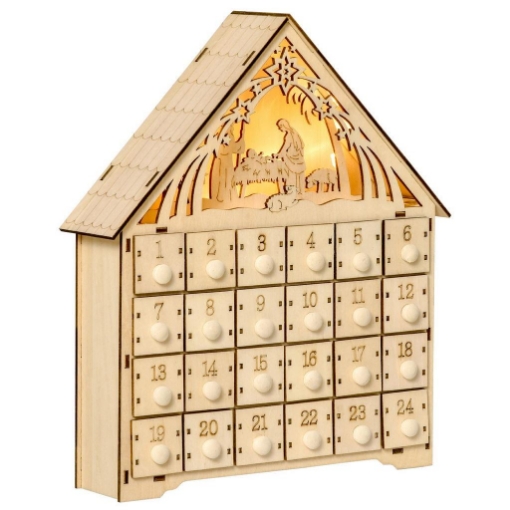 HOMCOM CALENDARIO DELL'AVVENTO IN LEGNO CON 24 CASSETTI E PRESEPE INTAGLIATO 26.6X6X30CM - LEGNO