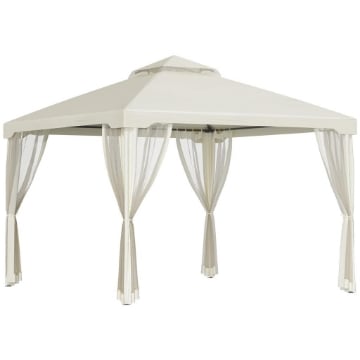 GAZEBO DA GIARDINO CON PALETTI E CORDE DOPPIO TETTO ZANZARIERA PARETI LATERALI BEIGE 294 X 294 X 263 CM