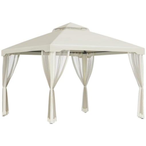 GAZEBO DA GIARDINO CON PALETTI E CORDE DOPPIO TETTO ZANZARIERA PARETI LATERALI BEIGE 294 X 294 X 263 CM