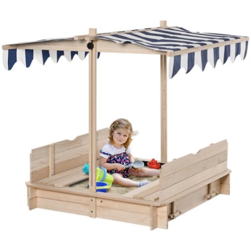 SABBIERA PER BAMBINI CON TETTUCCIO PARASOLE 106X106X121 CM BIANCO E BLU