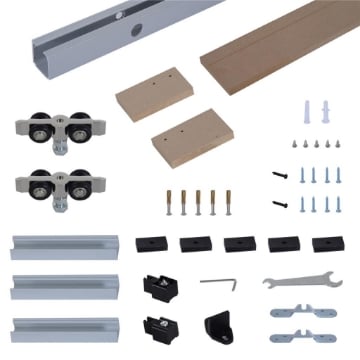 BINARIO CON KIT DI ACCESSORI PER PORTE SCORREVOLI IN STILE RUSTICO IN LEGNO