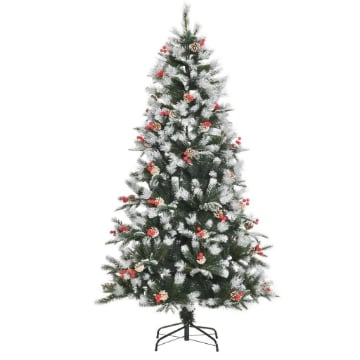 ALBERO DI NATALE INNEVATO 180CM CON BACCHE ROSSE E PIGNE BIANCHE, BASE RIMOVIBILE PIEGHEVOLE, 678 RAMI, VERDE