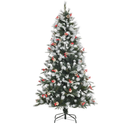 ALBERO DI NATALE INNEVATO 180CM CON BACCHE ROSSE E PIGNE BIANCHE, BASE RIMOVIBILE PIEGHEVOLE, 678 RAMI, VERDE