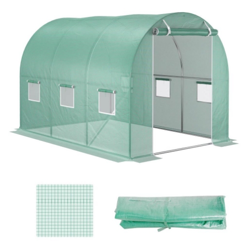 TELO PER SERRA IN PE CON 6 FINESTRE, PORTA AVVOLGIBILE E BORDI INTERRATI, 3X2X2 M, VERDE