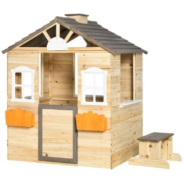 CASETTA BIMBI 3-7 ANNI A 2 FINESTRE CON PORTAVASI E PANCHINA, IN LEGNO DI ABETE E PP, 113LX94X134.5 CM