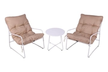 SET DI DUE POLTRONE 65X86X86 DI COLORE BEIGE CON STRUTTURA IN METALLO E COMODO CUSCINO BEIGE + TAVOLINO BIANCO IN METALLO 40X50 CM 