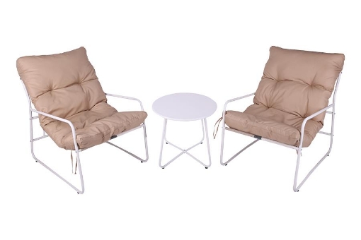 SET DI DUE POLTRONE 65X86X86 DI COLORE BEIGE CON STRUTTURA IN METALLO E COMODO CUSCINO BEIGE + TAVOLINO BIANCO IN METALLO 40X50 CM 
