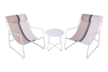 SET DI DUE POLTRONE 65X83X86 CM BEIGE BICOLOR CON STRUTTURA IN METALLO + TAVOLINO BIANCO IN METALLO 40X50 CM DA ESTERNO