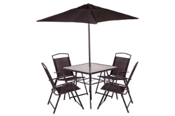 SET 6 PZ - TAVOLO CON VETRO COLORE NERO + 4 SEDIE RICHIUDIBILI E TRASPIRANTI NERE + OMBRELLONE PARASOLE NERO 
