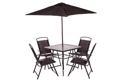 SET 6 PZ - TAVOLO CON VETRO COLORE NERO + 4 SEDIE RICHIUDIBILI E TRASPIRANTI NERE + OMBRELLONE PARASOLE NERO 