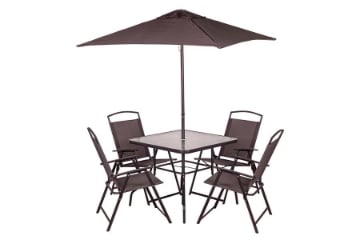 SET 6 PZ - TAVOLO CON VETRO COLORE NERO + 4 SEDIE RICHIUDIBILI E TRASPIRANTI NERE + OMBRELLONE PARASOLE GRIGIO