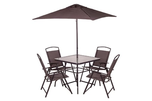 SET 6 PZ - TAVOLO CON VETRO COLORE NERO + 4 SEDIE RICHIUDIBILI E TRASPIRANTI NERE + OMBRELLONE PARASOLE GRIGIO