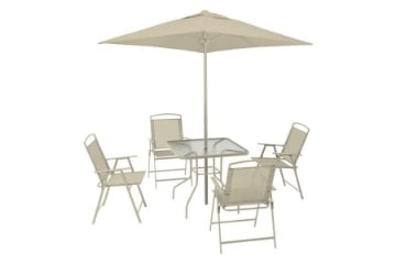 SET 6 PZ - TAVOLO CON VETRO COLORE NERO + 4 SEDIE RICHIUDIBILI E TRASPIRANTI NERE + OMBRELLONE PARASOLE SABBIA