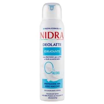 NIDRA DEOLATTE DEODORANTE SPRY CON PROTEINE DEL LATTE E OLIO DI AVOCADO 48H ZERO MACCHIE 0% ALCOOL 150 ML OKX