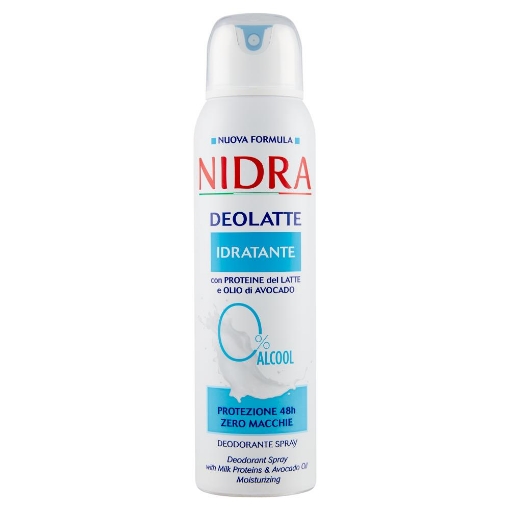 NIDRA DEOLATTE DEODORANTE SPRY CON PROTEINE DEL LATTE E OLIO DI AVOCADO 48H ZERO MACCHIE 0% ALCOOL 150 ML OKX