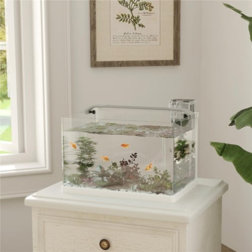 ACQUARIO IN VETRO CON LUCI LED DA 20L FILTRO E POMPA D'ACQUA 38X26X27 CM BIANCO