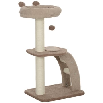 ALBERO TIRAGRAFFI A 3 LIVELLI CON TRESPOLO SUPERIORE E PALLINA GIOCATTOLO BIANCO E MARRONE 48X40X88 CM 