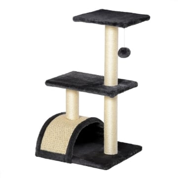 ALBERO PER GATTI A 3 LIVELLI CON TAPPETINO TIRAGRAFFI AD ARCO IN LEGNO PELUCHE E SISAL 40X35X72 CM GRIGIO
