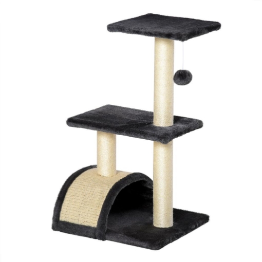 ALBERO PER GATTI A 3 LIVELLI CON TAPPETINO TIRAGRAFFI AD ARCO IN LEGNO PELUCHE E SISAL 40X35X72 CM GRIGIO