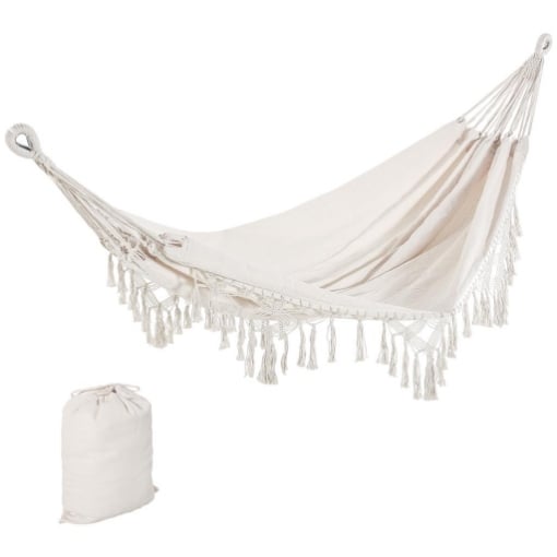 AMACA DA GIARDINO SOSPESA IN TELA CON FRANGE STILE BOHO 288X150 CM CAPACITÀ 120 KG CREMA