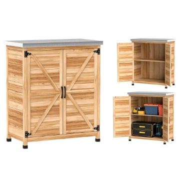 ARMADIO DA ESTERNO CON RIPIANO INTERNO E BANCO DA LAVORO IN LEGNO E ACCIAIO ZINCATO 79X43X92 CM COLOR LEGNO