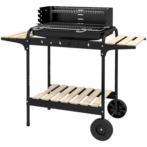 BARBECUE A CARBONELLA AD ALTEZZA REGOLABILE CON 3 RIPIANI E VASSOIO IN METALLO LEGNO 113X53.5X82.5 CM NERA