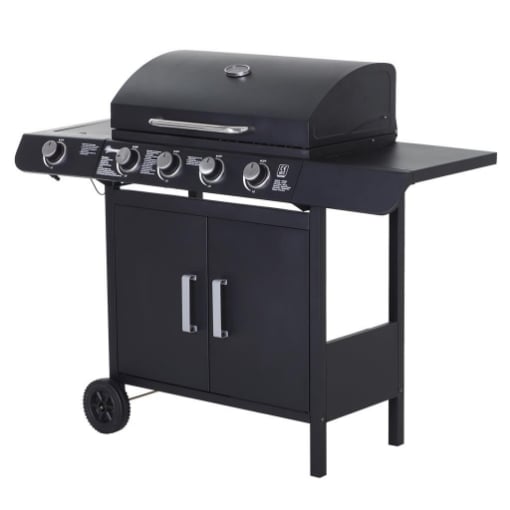BARBECUE A GAS A 5 FORNELLI CON RIPIANI LATERALI E ARMADIETTO IN ACCIAIO E PP 125X51X100 CM NERO