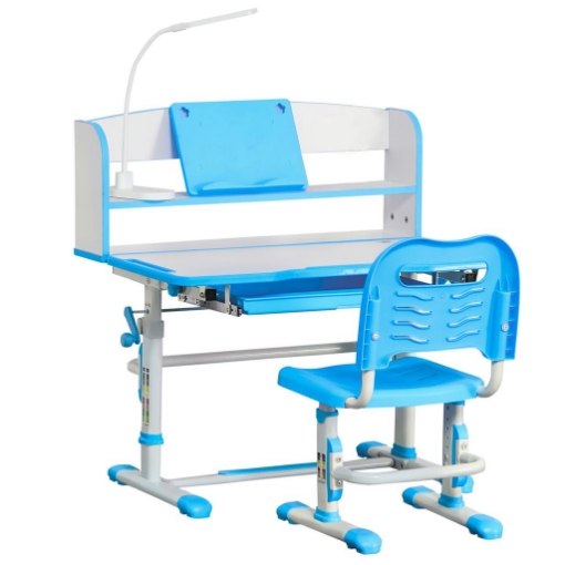 BANCO SCUOLA PER BAMBINI 6-12 ANNI REGOLABILE CON LUCE LED LEGGIO E PORTAPENNE IN MDF PP E ACCIAIO AZZURRO