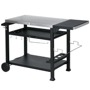 CARRELLO BARBECUE CON TAVOLINO PIEGHEVOLE IN ACCIAIO INOX 2 RUOTE E ACCESSORI 125X65X84 CM NERO