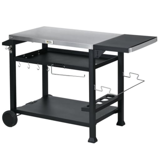 CARRELLO BARBECUE CON TAVOLINO PIEGHEVOLE IN ACCIAIO INOX 2 RUOTE E ACCESSORI 125X65X84 CM NERO