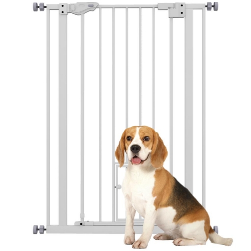 CANCELLINO PER CANI REGOLABILE ALTO CON PORTA PICCOLA E CHIUSURA AUTOMATICA 74-80X104CM BIANCO