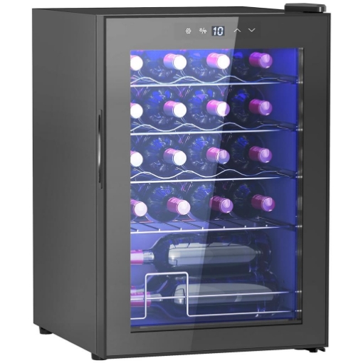 CANTINETTA VINO REFRIGERATA PER 20 BOTTIGLIE, CAPACITÀ 53L PORTA IN VETRO ANTI-UV E RIPIANI REGOLABILI NERO 43X48X64 CM