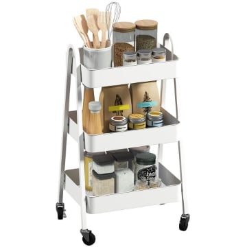 CARRELLO CUCINA MULTIUSO A 3 LIVELLI RUOTE GIREVOLI CON FRENO E MANIGLIE BIANCO 42.4X29.8X74.5 CM