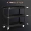 CARRELLO PORTA ATTREZZI A 3 LIVELLI IN ACCIAIO CON BORDI ALTI E 4 RUOTE GIREVOLI 83X35.3X76 CM NERO