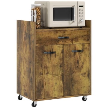 CARRELLO DA CUCINA CON CASSETTO ARMADIETTO E 4 RUOTE IN LEGNO 60X40X77CM MARRONE RUSTICO