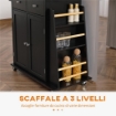CARRELLO DA CUCINA CON ARMADIETTO 2 CASSETTI E PORTASPEZIE ISOLA DA CUCINA IN LEGNO 89X45X89.5 CM NERO