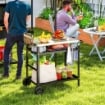 CARRELLO PER BARBECUE CON PIANO IN ACCIAIO E RIPIANO REGOLABILE, RUOTE E GANCI 100X52X80 CM NERO