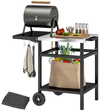 CARRELLO PER BARBECUE CON PIANO IN ACCIAIO E RIPIANO RICHIUDIBILE RUOTE E GANCI 91X58X76 CM NERO