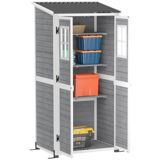 CASETTA DA GIARDINO IN LEGNO CON RIPIANI REGOLABILI DUE PORTE CON BLOCCO E FINESTRE 91X69X185/192 CM GRIGIO
