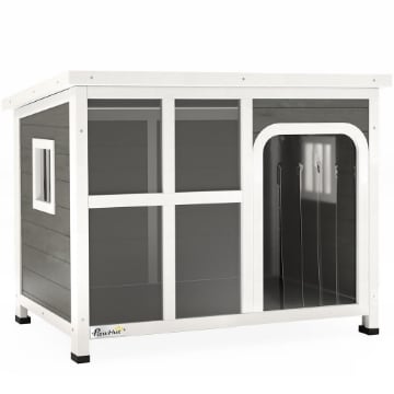 CASETTA PER CANI CON FINESTRELLE E INGRESSO A TENDA IN LEGNO DI ABETE 90X62X71 CM GRIGIO CHIARO