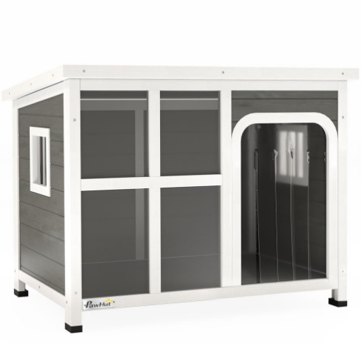CASETTA PER CANI CON FINESTRELLE E INGRESSO A TENDA IN LEGNO DI ABETE 90X62X71 CM GRIGIO CHIARO